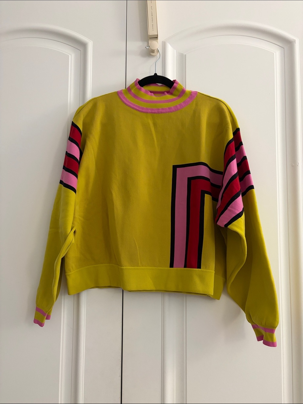 ASOS Chartreuse Mockneck Sweater with Pink Trim 70s style